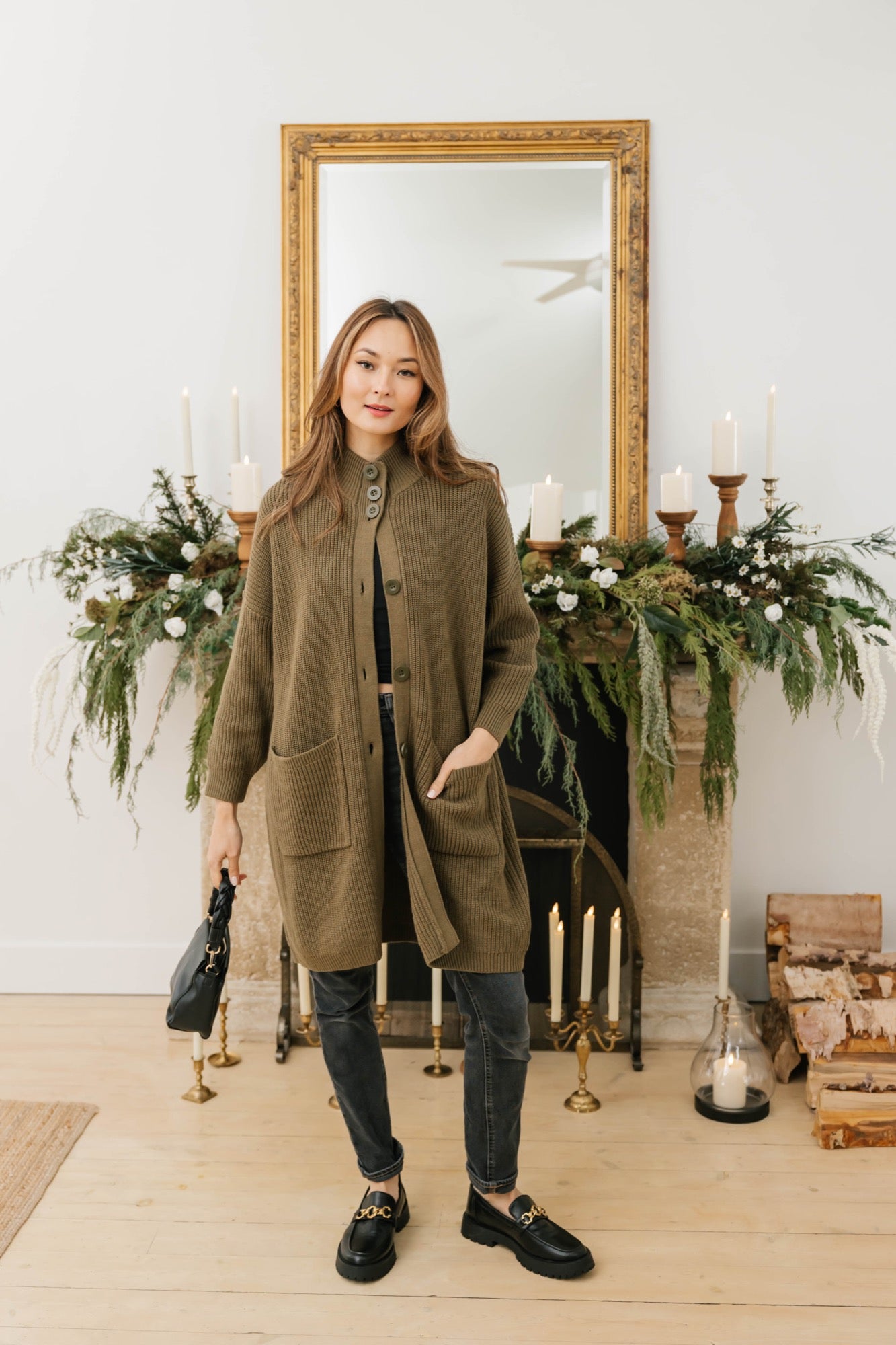 Whimsy Long Cardigan in Olive Green