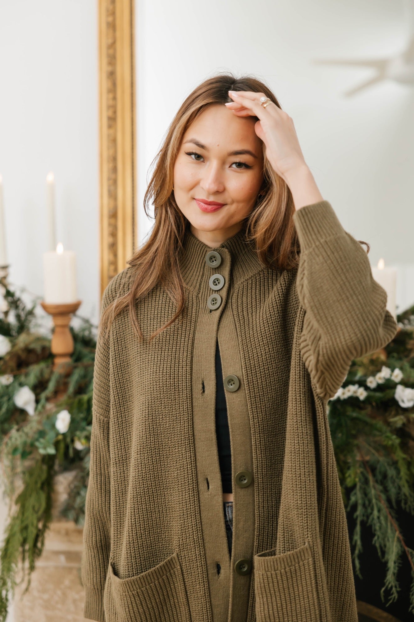 Whimsy Long Cardigan in Olive Green