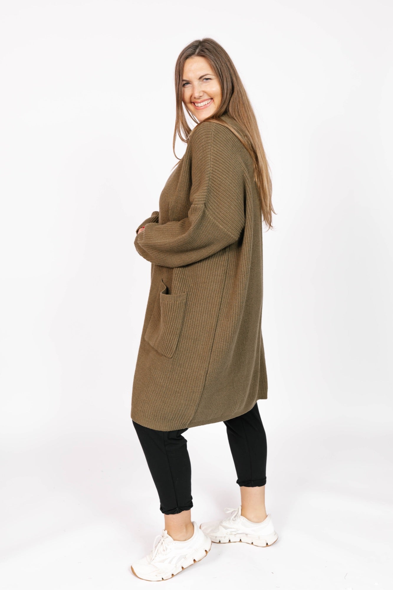 Whimsy Long Cardigan in Olive Green