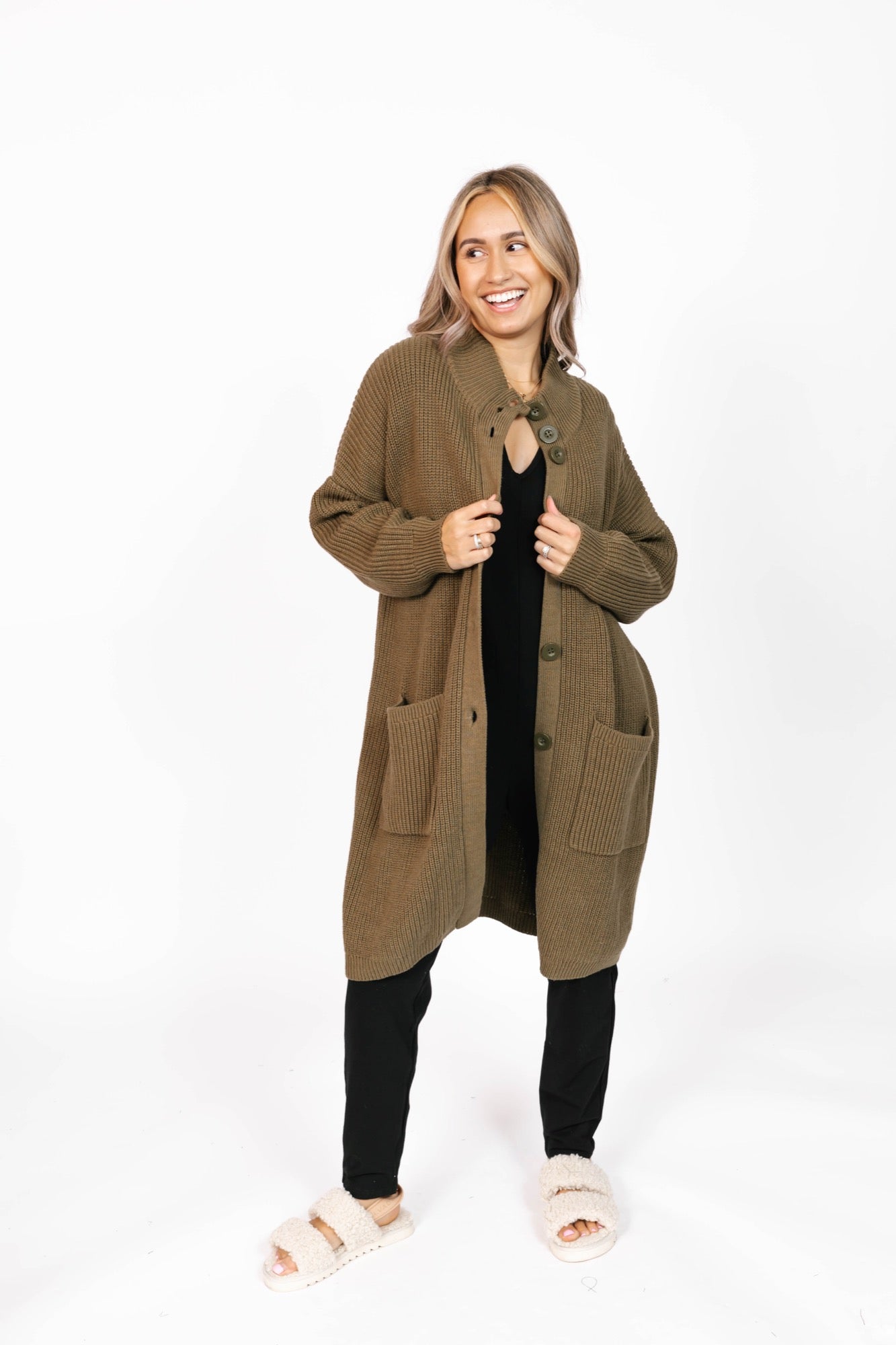 Whimsy Long Cardigan in Olive Green