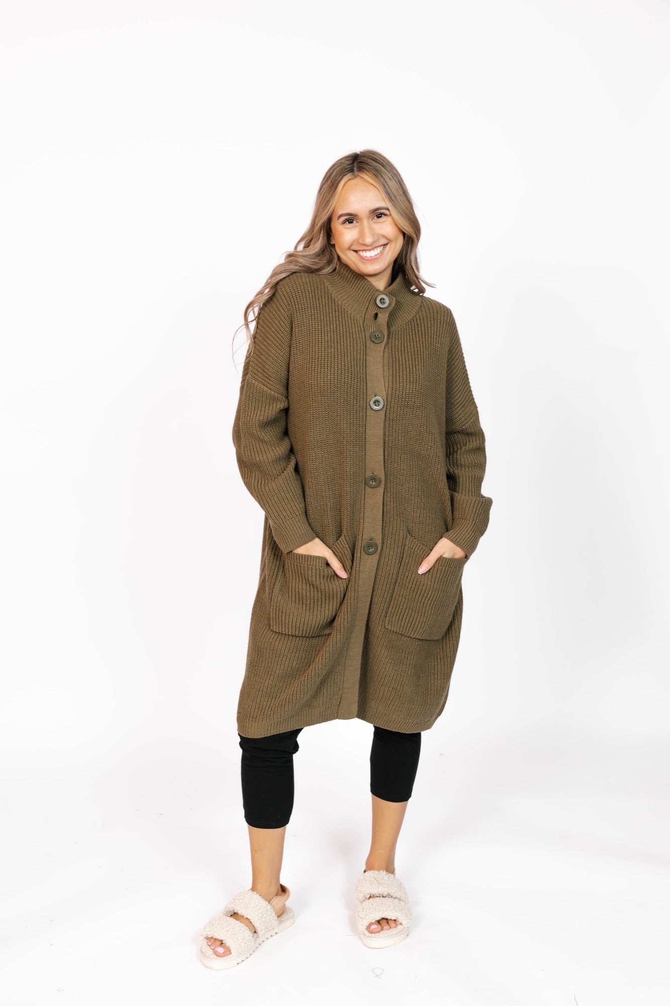 Whimsy Long Cardigan in Olive Green