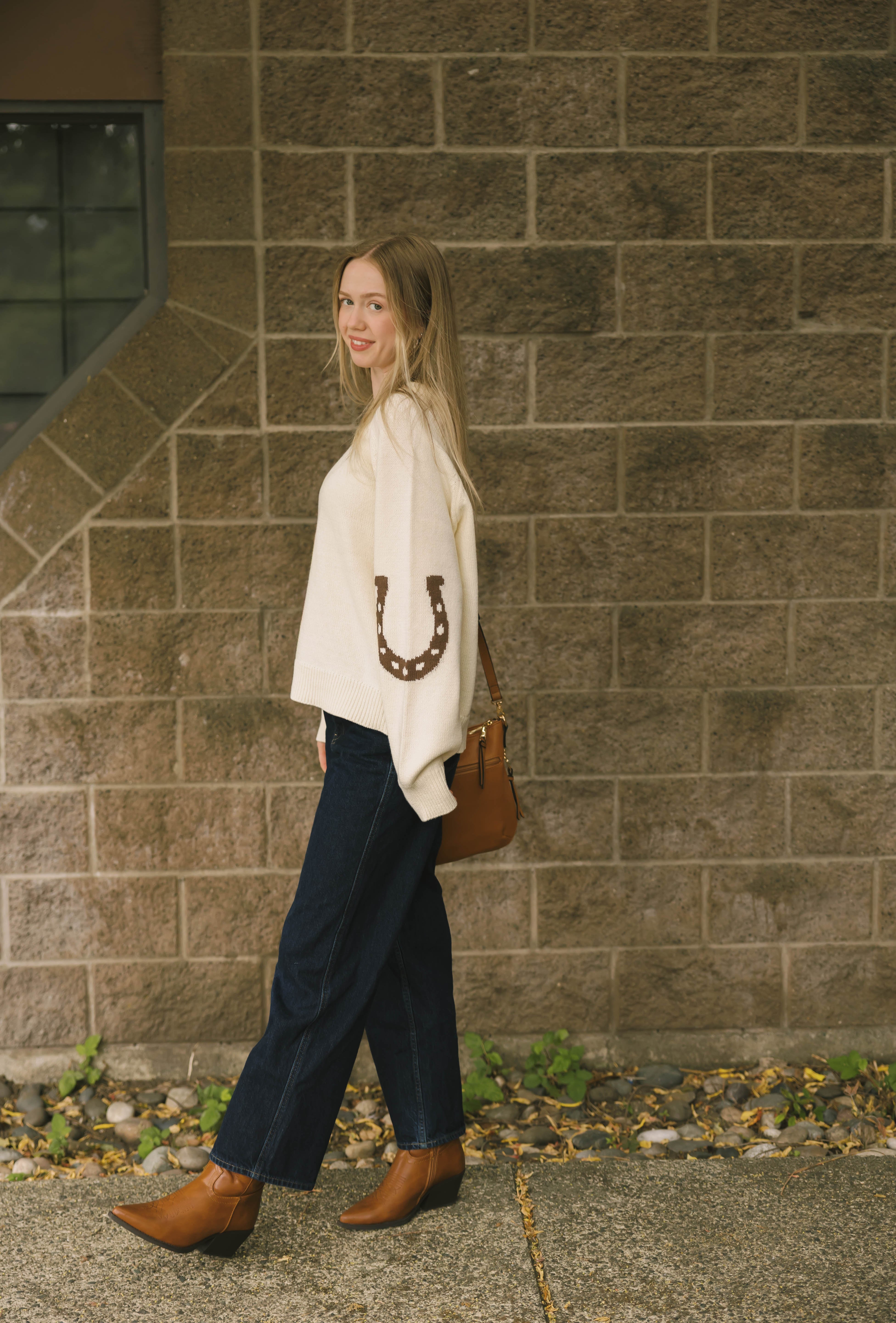 Yeehaw Sweater in Cream/Brown