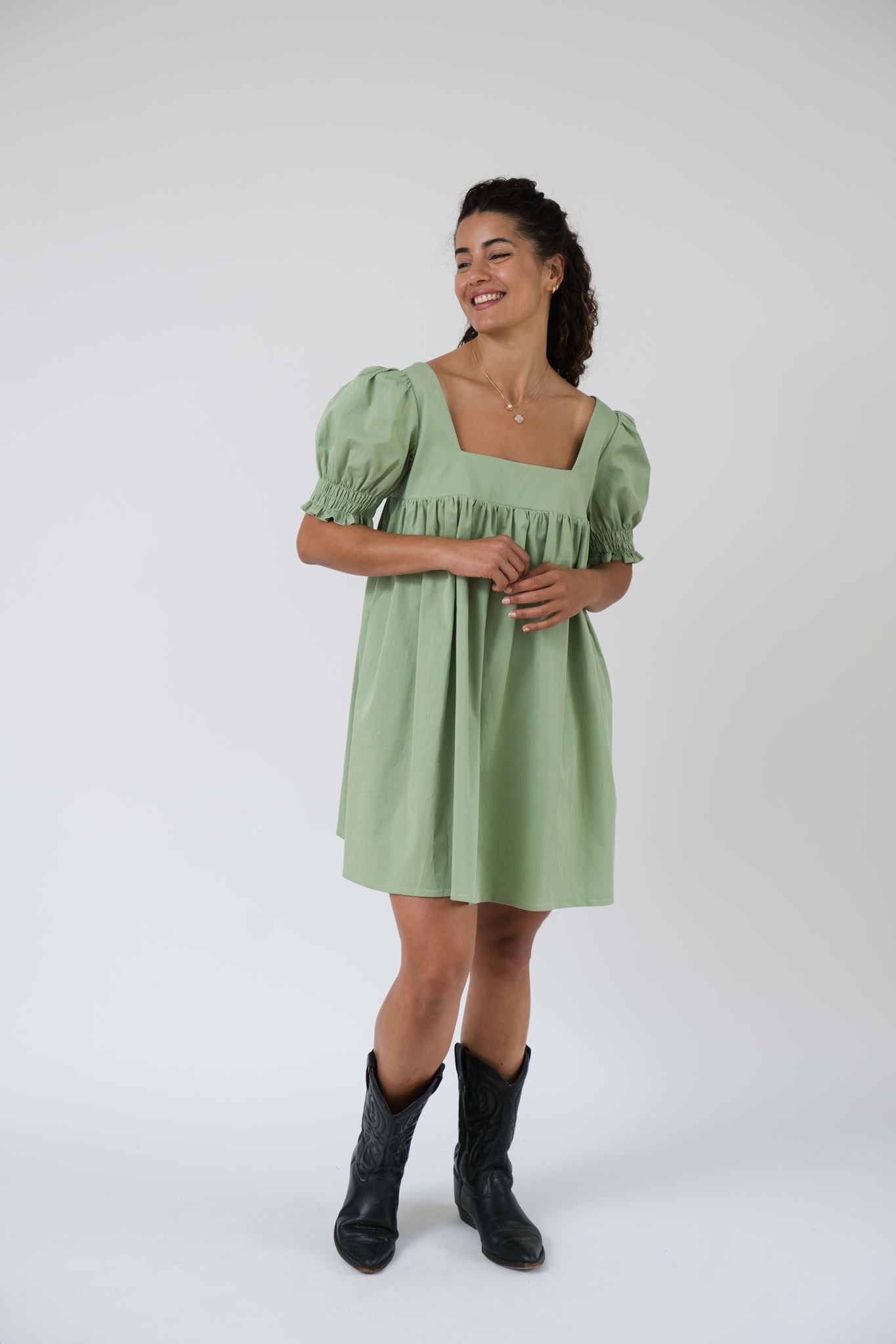 Zoe Puff Sleeve Mini Dress in Sage Green
