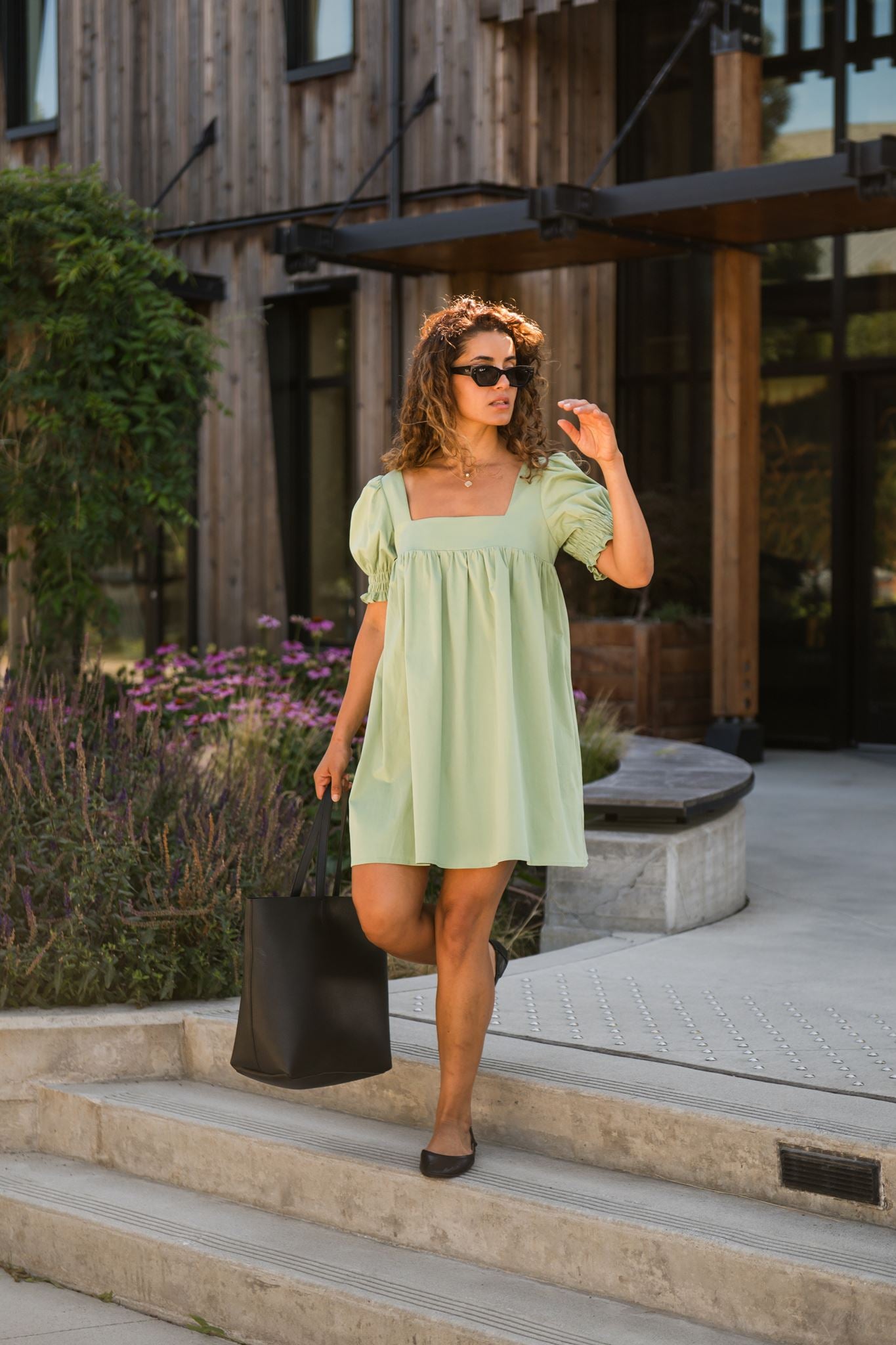 Zoe Puff Sleeve Mini Dress in Sage Green