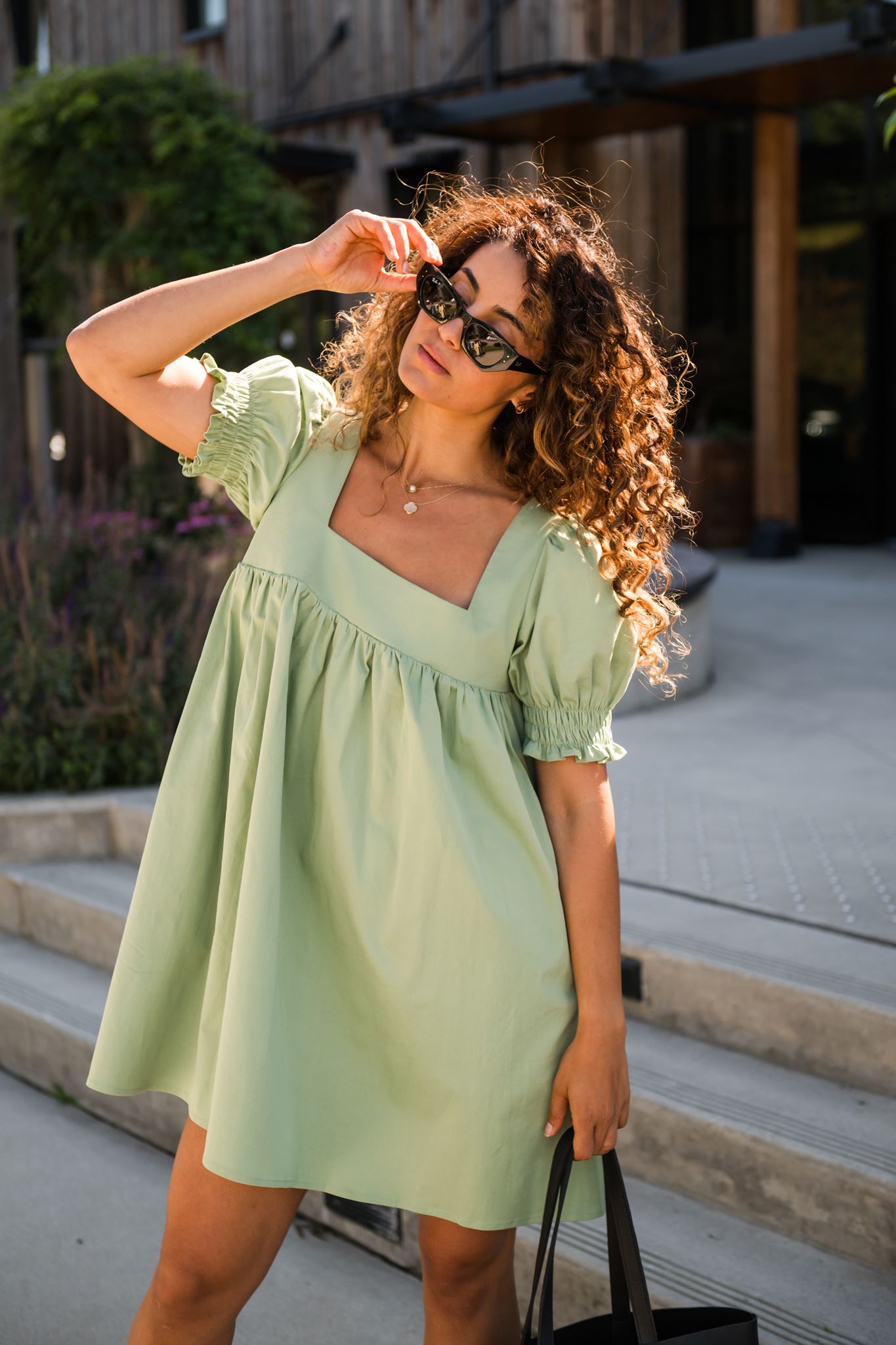 Zoe Puff Sleeve Mini Dress in Sage Green