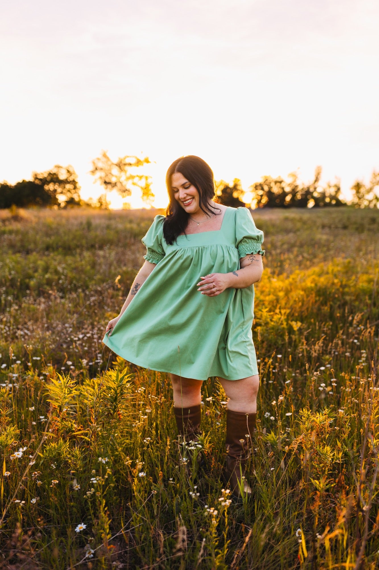 Zoe Puff Sleeve Mini Dress in Sage Green