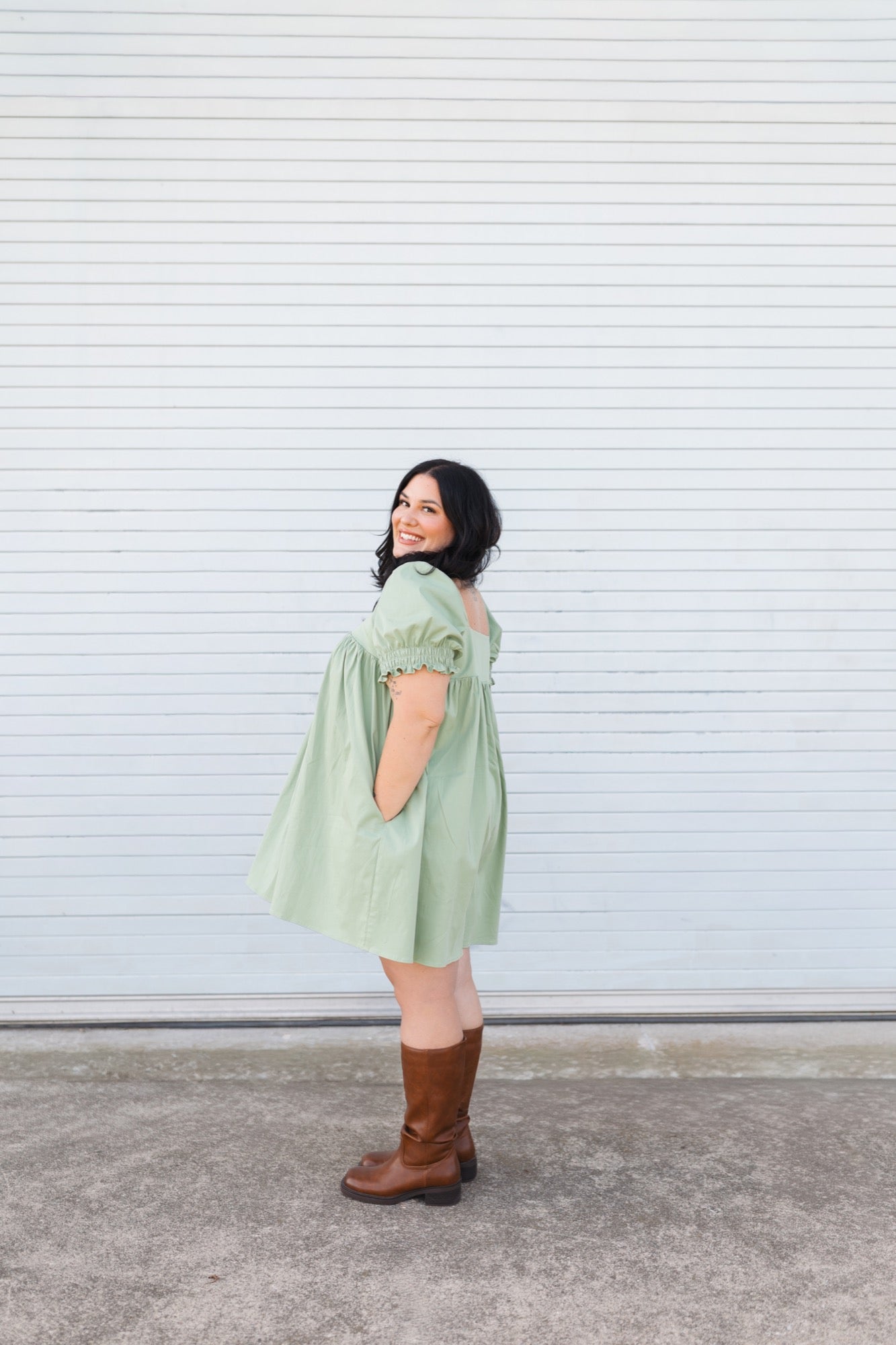 Zoe Puff Sleeve Mini Dress in Sage Green