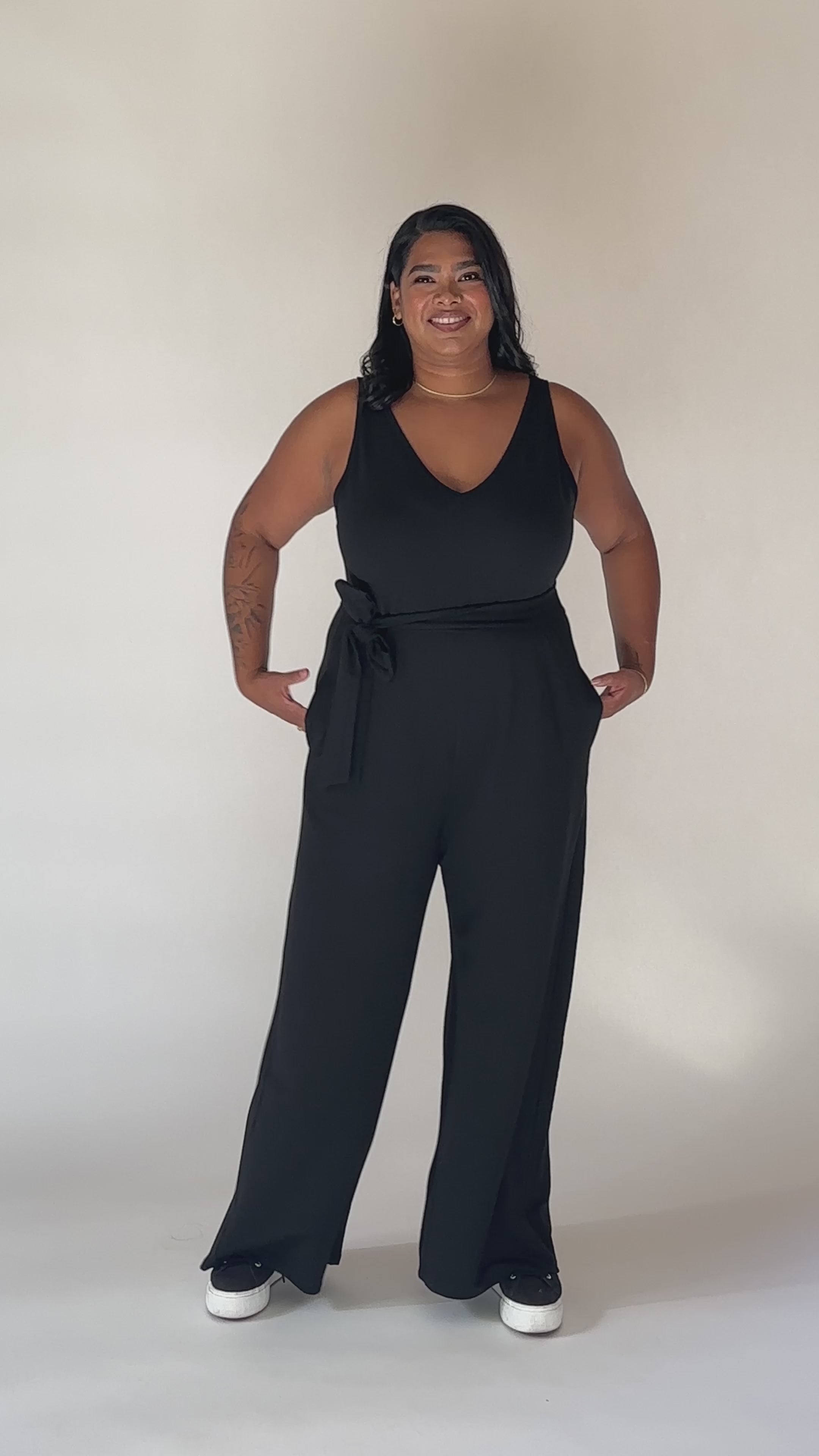 Belted Tuesday Wide Leg Romper in Midnight Black