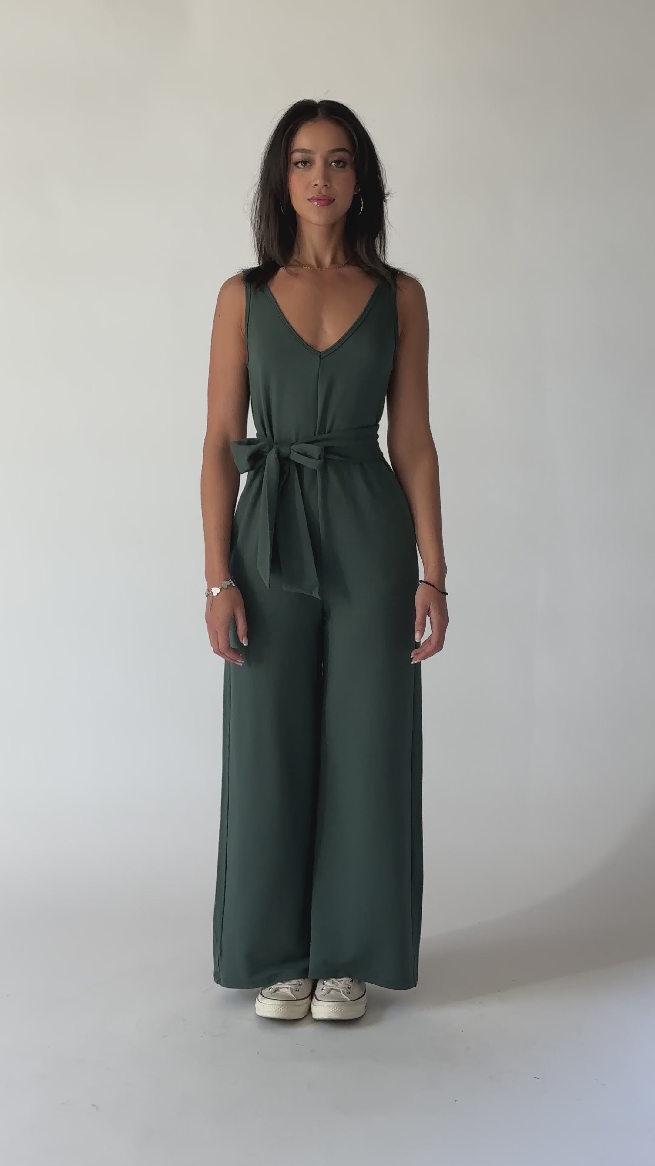 Belted Tuesday Wide Leg Romper in Spruce